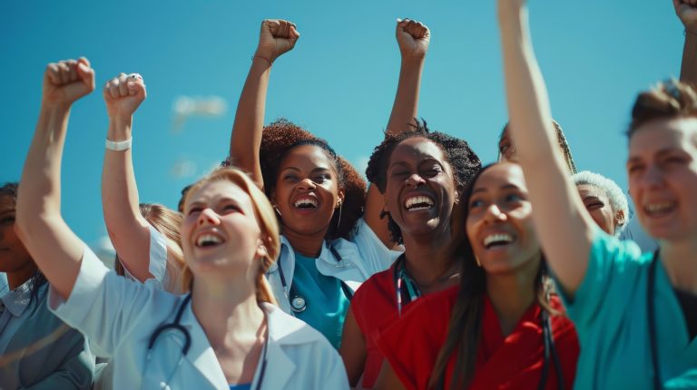 Large diverse multiethnic medical team standing cheering and punching the air with their fists as they celebrate a success or motivate themselves