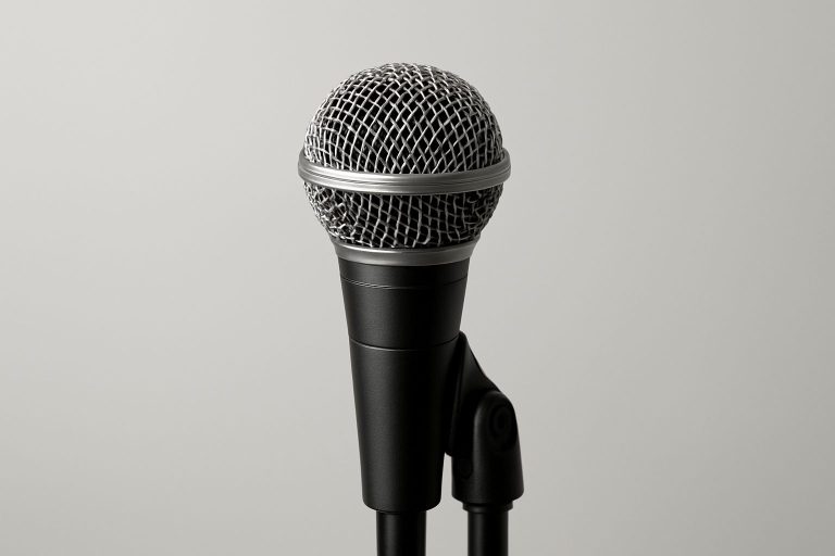 Close-up of a microphone on a stand against a neutral background