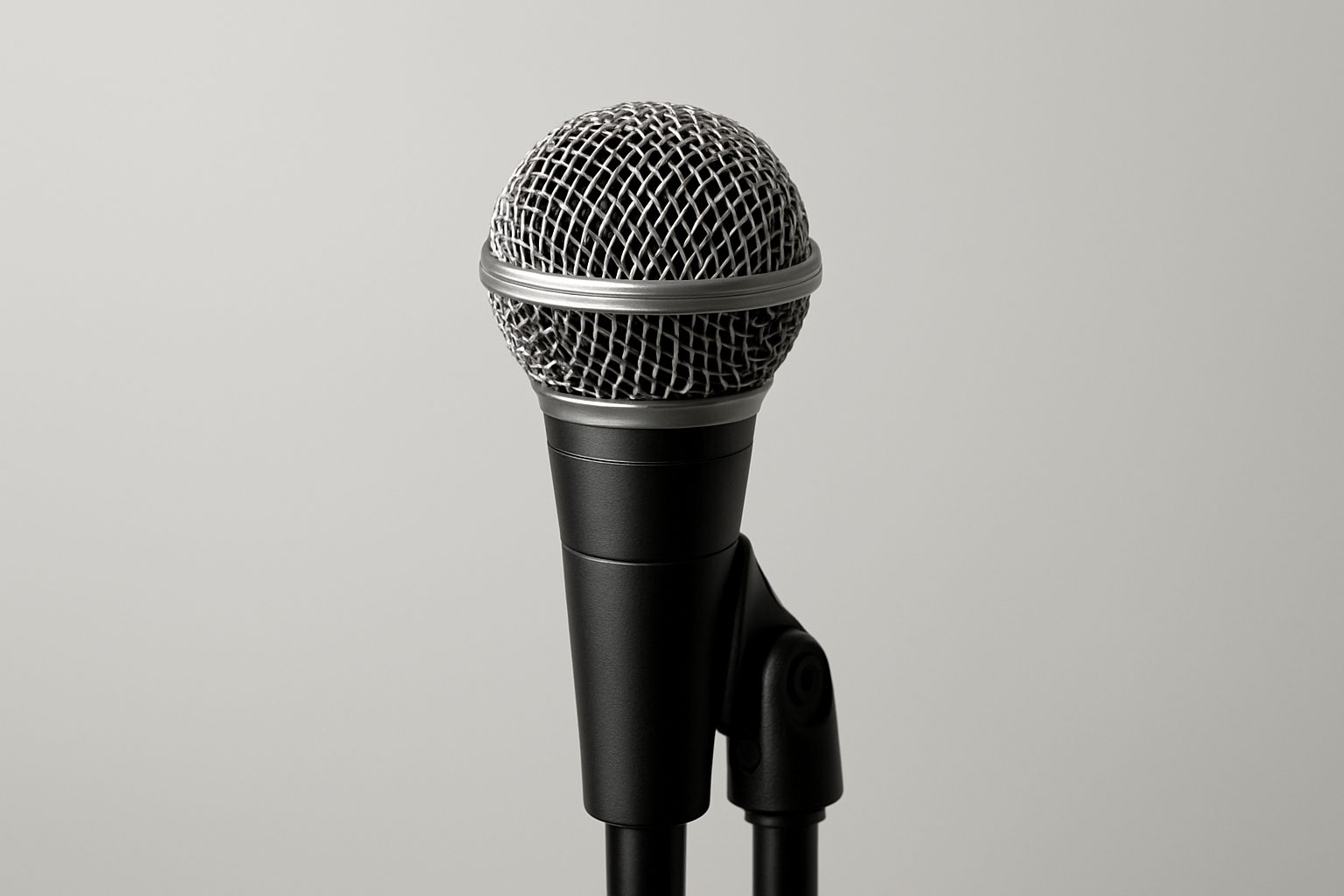 Close-up of a microphone on a stand against a neutral background